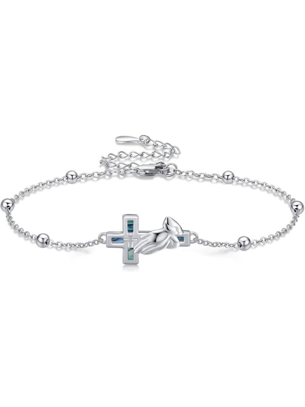 Sterling Silver Praying Hands Bracelet with Abalone Cross | Serenity Prayer